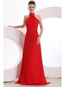 Red Halter Top Neck Empire Chiffon Ruche Prom Dress with Sweep Train