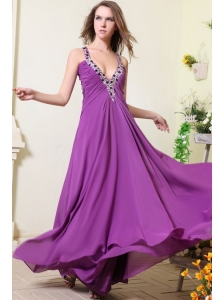 Sexy V-neck Empire Chiffon Beaded Decorate Prom Dress in Purple