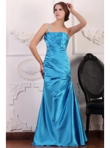 Blue One Shoulder Prom Dress with Beading and Ruching