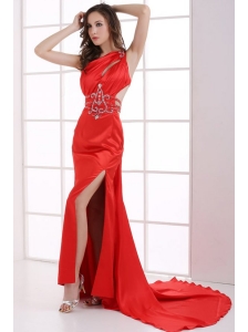 Column Wine Red One Shoulder Beading High Slit Ruching Prom Dress