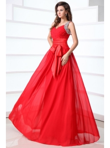 Elegant Column V-neck Red Brush Train Chiffon Prom Dress with Beading