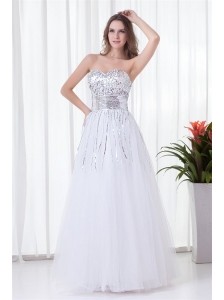Elegant White A-line Sweetheart Tulle Foor-length Paillette  Prom Dress