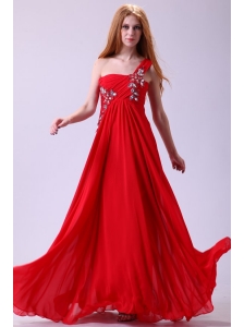 Empire One Shoulder Chiffon Red Prom Dress Beading Floor-length