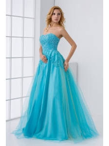 Gorgeous Princess Sweetheart Beading Tulle Aqua Blue Long Lace Up Prom Dress