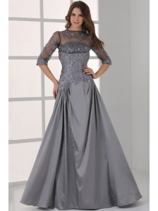 Grey A-line Scoop Half Sleeves Prom Dress with Appliques and Beading