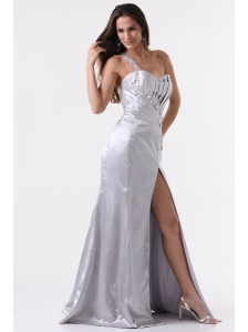 High Slit Silver One Shoulder Prom Dress with Ruching and Beading