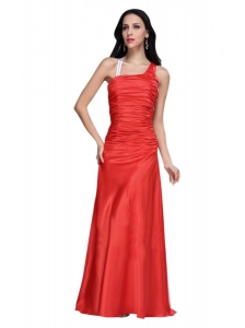 Asymmetrical Column Red Ruche Prom Dress with Sweep Train