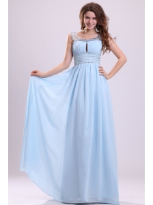 Baby Blue Empire Beading Scoop Floor-length Chiffon Prom Dress with Side Zipper