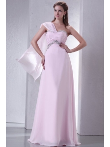 Baby Pink One Shoulder Beaded Decorate Chiffon Empire Prom Dress