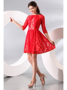 Bateau Lace Fabric Over Skirt Mini-length Prom Dress with Half Sleeves