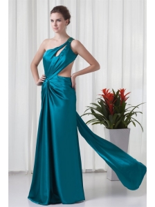 Column One Shulder Teal Ruching Elastic Woven Satin Prom Dress with Criss Cross