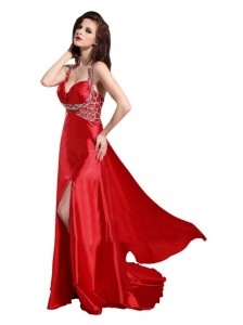 Column Straps Wine Red Beading and Ruching High Slit Prom Dress