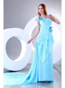 Empire One Shoulder Aqua Blue Watteau Train Prom Dress with Bowknot