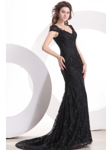 Lace Black Column V Neck Brush Train Prom Dress with Zipper Up