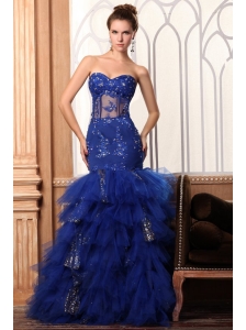 Sweetheart Mermaid Appliques and Ruffles Layered Prom Dress in Blue