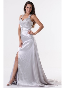 Watteau Train Silver Straps High Slit Prom Dress with Beading