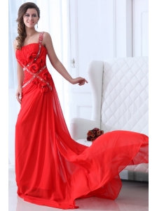Empire Red One Shoulder Ruching Beading Chiffon Prom Dress