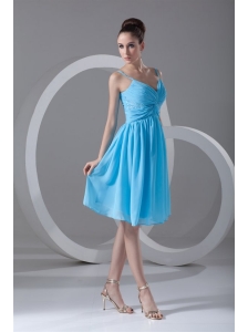 Taffeta A-line Straps Aqua Blue Beading Knee-length Prom Dress