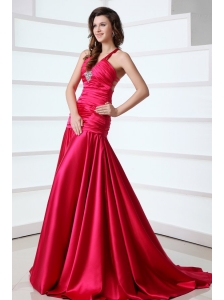 A-line Red Halter Top Neck Beading Prom Dress with Court Train