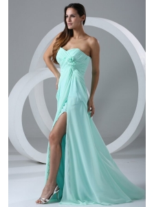 Aqua Blue High Slit Sexy Prom Dress with Flowers and Ruching