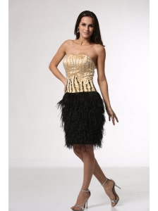 Column Champagne and Black Strapless Feather Beading Satin Prom Dress