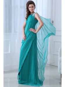 Column Turquoise One Shoulder Beading and Ruching Prom Dress