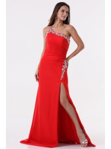 Column Wine Red One Shoulder Beading High Slit Prom Dress