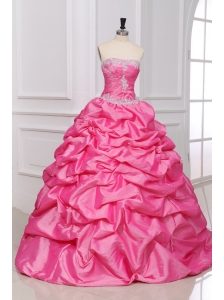 Rose Pink Strapless Appliques and Pick-ups Quinceanera Dress with Taffeta