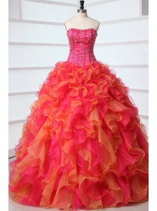 Strapless Red and Orange Red Quinceanera Dress with Beading and Ruffles