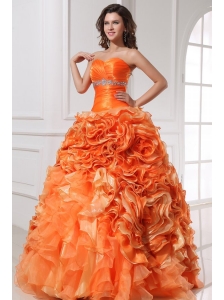 Sweetheart Beading and Rolling Flowers A-line Orange Quinceanera Dress