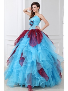 Aqua and Wine Red Strapless Beading and Ruche Quinceanera Dress