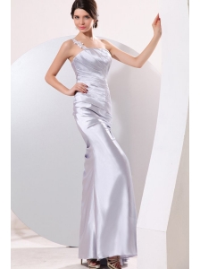Column Gray Ruching Appliques One Shoulder Floor-length Prom Dress