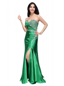 Column Sweetheart Beading Ruching Green High Slit Prom Dress