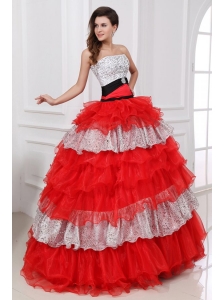 Red and White Strapless Organza Quinceanera Dress with Beading