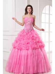Rose Pink Sweetheart Appliques and Rolling Flowers Quinceanera Dress