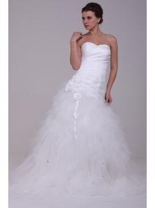 A-Line Strapless Ruching Tulle Wedding Dress with Brush Train