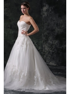 A-Line Sweetheart Court Train Appliques Lace Up Tulle Wedding Dress