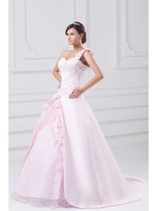 Flowers One Shoulder Baby Pink Wedding Dress with Embroidery