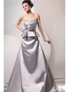 A-line Sweetheart Silver Beading and Ruching Bow Wedding Dress