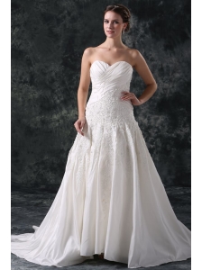 A-Line Sweetheart Taffeta Appliques Court Train Lace Up Wedding Dress