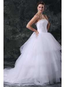 Ball Gown Strapless Court Train Beading Lace Up Tulle Wedding Dress
