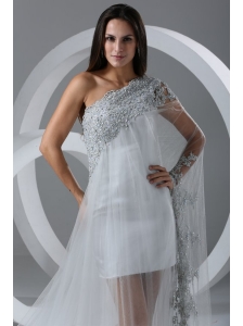 Beautiful A-line One Shoulder Chapel Train Wedding Dress with Side Zipper