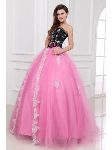Black and Rose Pink Quinceanera  Dress with Beading and Appliques
