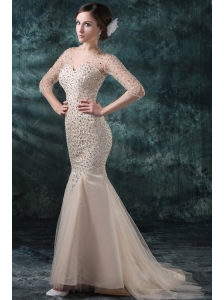 Champagne Mermaid Sweetheart V-neck Wedding Dress with Beading