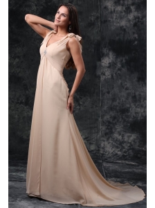 Empire Champagne V-neck Beading Ruching Court Train Chiffon Wedding Dress