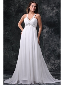 Empire V-Neck Beading and Ruching Zipper Up Chiffon Wedding Dress