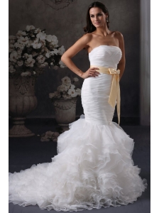 Luxurious Mermaid Strapless Ruching and Sash Court Train Organza Wedding Dress