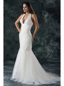 Mermaid  Halter Tulle Court Train Beading 2014 Spring Wedding Dress