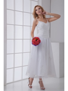 Simple Spaghetti Straps Ankle-length A-line Wedding Dress with Ruches
