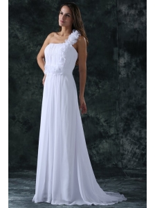 White Empire One Shoulder Ruching Brush Train Chiffon Wedding Dress